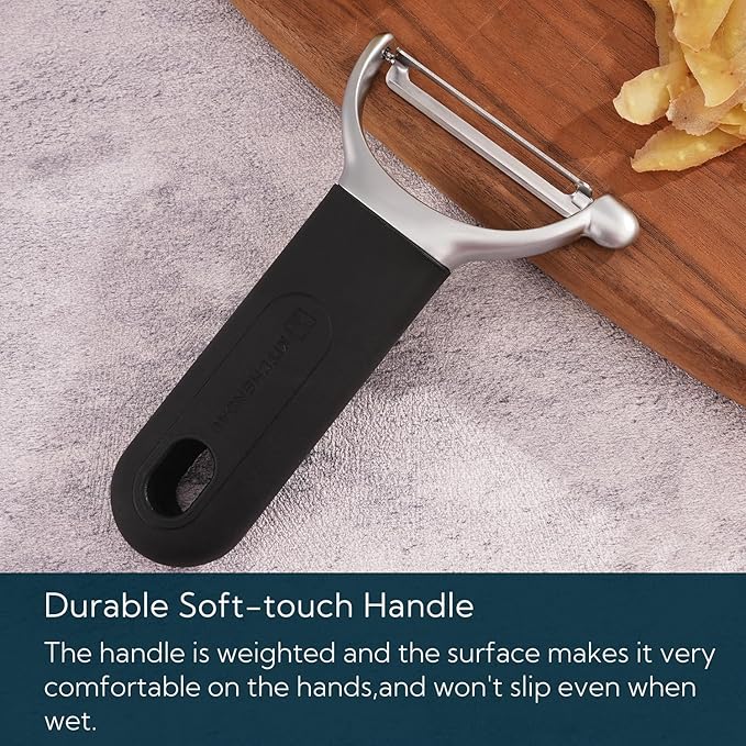 KITCHENDAO Swivel Vegetable Potato Peeler for Kitchen, Japanese Stainless Steel Sharp Blade, Heavy Duty Die-cast Construction Y Peeler, Built-in Eye Remover, Soft-touch Handle, Dishwasher Safe, Black