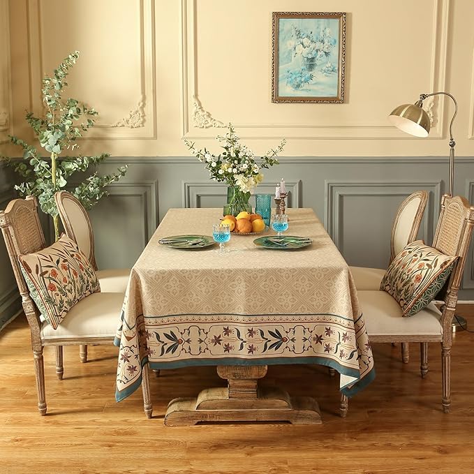 patdrea Designer French Linen Long Tablecloth for Rectangle Table,Beige Anti-Wrinkle Floral Farmhouse Table Cloth,Decor Covers for Kitchen Dining,Tea Party,Christmas,Thanksgiving,63"x94"-Fram