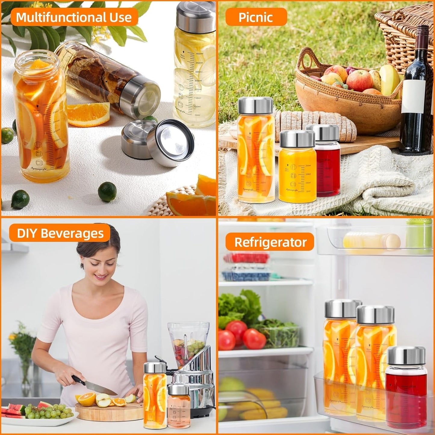 Glass Juice Bottles 6 Pack 10 oz - Wide Mouth Glass Water Bottles with Lids - for Juicing, Smoothies, Milk, Protein, BPA Free, Reusable, Stainless Steel Lids, Leak Proof, Shaker bottle (10oz/300ml)