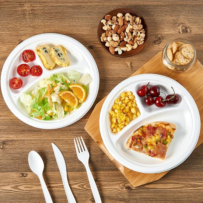 Vplus 100% Compostable Paper Plates, 500 Pack 10 Inch 3 Compartment Plates Disposable, Heavy Duty Biodegradable, Made of Sugar Cane Fibers, for Daily meals, Dinner, Parties, BBQ