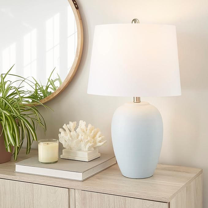 Nourison Home 23" Coastal Blue Ceramic Pot Table Lamp for Bedroom, Living Room, Dining Entryway, with White Shade