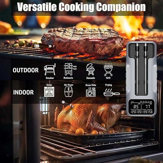 Dual-Probe Wireless Meat Thermometer for Grilling, Smoking, BBQ - Bluetooth Enabled Smart Grill Thermometer with 2 Probes, Digital Food Thermometer, 800ft Long Range,Cooking Thermometer for BBQ/Grill