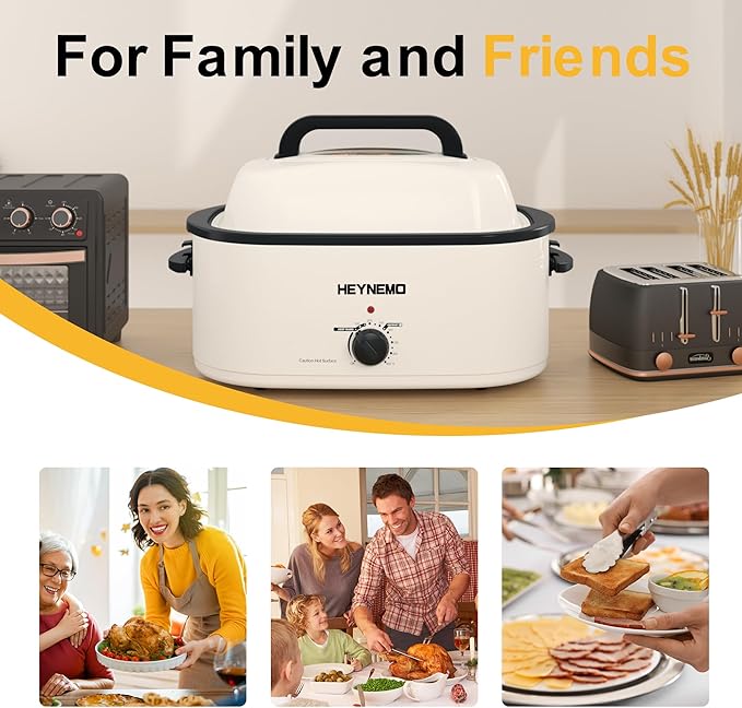 22QT Electric Roaster Oven, Electric Turkey Roaster with Viewing & Self-basting Lid, Stainless Steel Turkey Roaster Oven, White