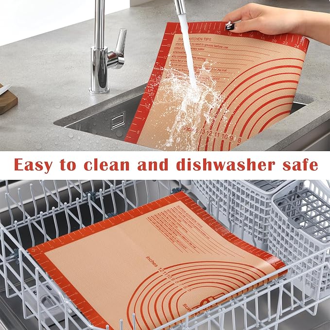 Non-slip Silicone Pastry Mat Extra Large with Measurements 16''By 26'' for Silicone Baking Mat, Counter Mat, Dough Rolling,Oven Liner,Fondant/Pie Crust By Folksy Super Kitchen Red