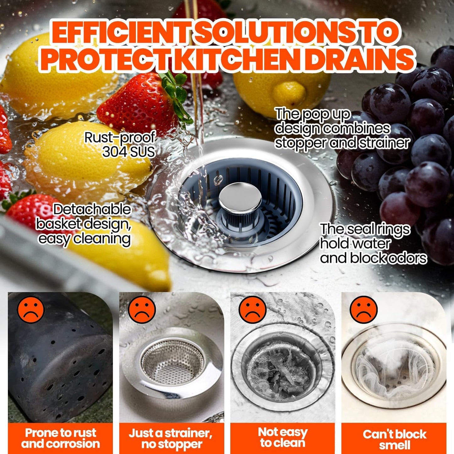 Kitchen Sink Drain Strainer - Upgraded Kitchen Sink Stopper,Sink Stopper Kitchen Drain,Stainless Steel Drain Plug with Anti-Clog Basket Drain Stopper Combo,for Standard 3-1/2'' Drain,Grey