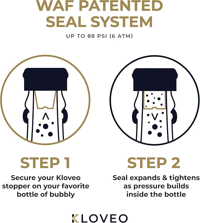 KLOVEO Champagne Stoppers - Patented Seal - Made in Italy - Professional Grade WAF Champagne Bottle Stopper - Prosecco, Cava, and Sparkling Wine Bottle Stopper