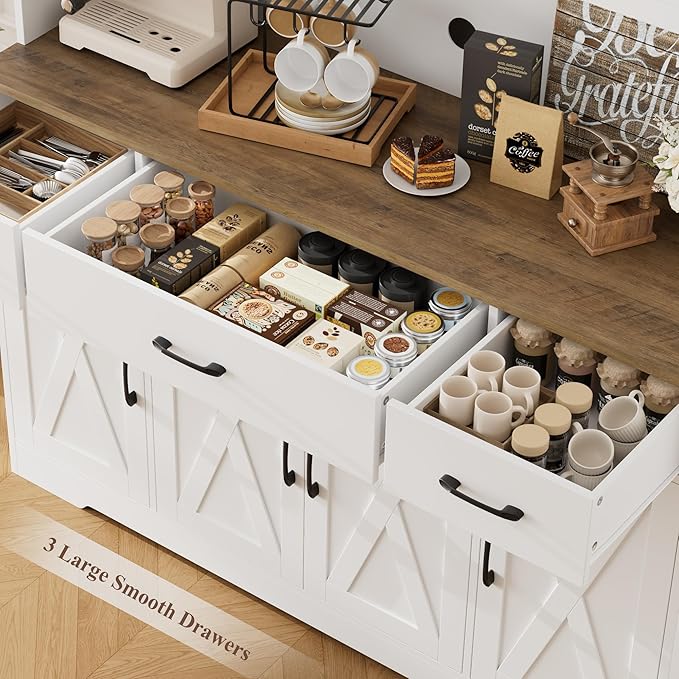 HOSTACK 71" Tall Kitchen Pantry Storage Cabinet with Charging Station, 55" Wide Kitchen Hutch Cabinet with Large Countertop, Farmhouse Food Pantry with Drawers for Living Room, White