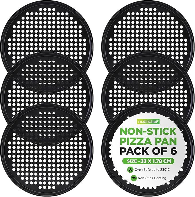 NutriChef 6-Pack13’’ Non-Stick Pizza Pans, Round Pizza Pans for Oven, Commercial-Grade Carbon Steel, Non-Stick Gray Coating, Ideal for Baking Pizza, Cookies and More, Dishwasher Safe