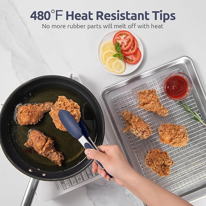 480ºF Heat Proof Kitchen Tong: U-Taste 7" Silicone Cooking Tong with Firm Sealed Non Stick Rubber Tips & Silicon Coated 18/8 Stainless Steel Handle & Smooth Locking for Serving Salad (Midnight Blue)
