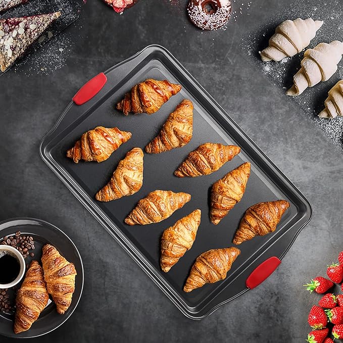 Baking Sheet Set, 2-Piece Large Cookie Sheet Set with Silicone Handles, Steel Baking Pan, Baking Sheets for Oven, BPA Free Nonstick Set, Half Sheet Pans, Black Baking Tray