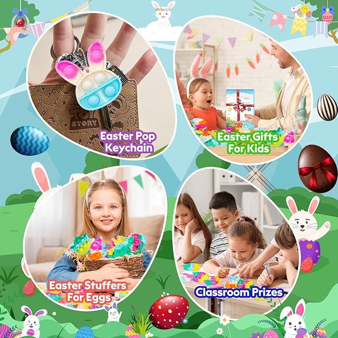 Easter Pop Fidget Toys Bulk Its 24 Pack Easter Party Favors for Kids Easter Egg Fillers Basket Stuffers Mini Pop Keychain It Goodie Bag Stuffers Fidgets for Classroom Prizes Kids Party Supplies Gifts