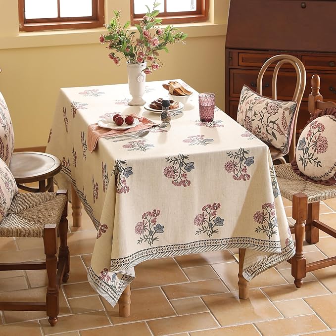 ISAENNE Designer Linen Light Beige Extra Long Table Cloth Rectangle,French Colorful Floral Tablecloth,Stain Resistant Decor Tablecloths for Dining Thanksgiving Kitchen,63"*110"-Helena E