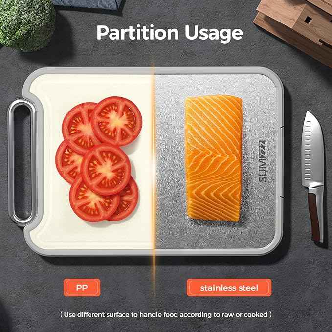 Stainless Steel Cutting Board for Kitchen, 2-in-1 Double-Sided Chopping Board, Food Grade Stainless Steel/PP, Easy to Clean, Large Size, Non-Slip, 16”×11”