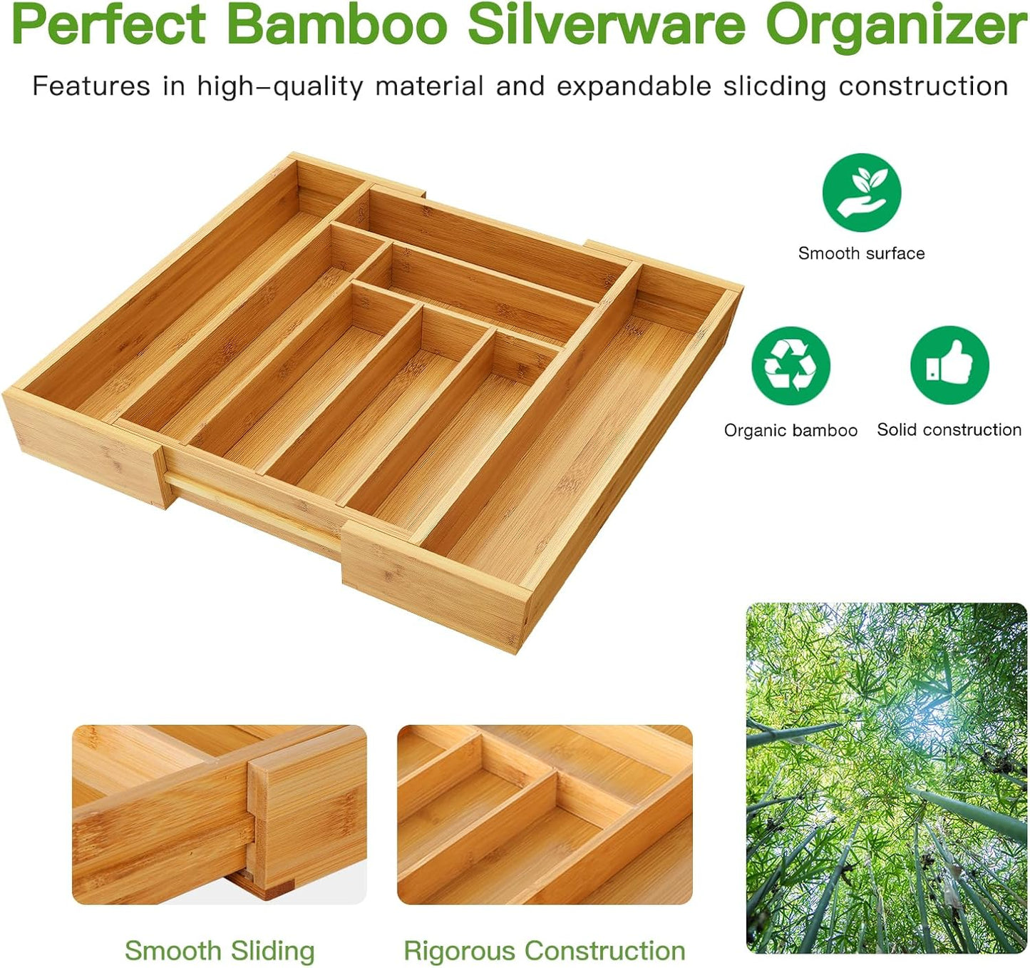 Pipishell Bamboo Expandable Drawer Organizer for Utensils Holder, Adjustable Cutlery Tray, Wood Drawer Dividers Organizer for Silverware, Flatware, Knives in Kitchen, Bedroom, Living Room(M-N)