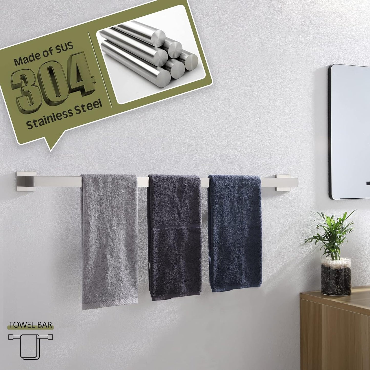 KOKOSIRI 36-Inch Single Towel Bar, Bathroom Kitchen Towel Holder, Wall Mounted SUS304 Stainless Steel Towel Rack, Brushed Nickel, B4003BR-L36