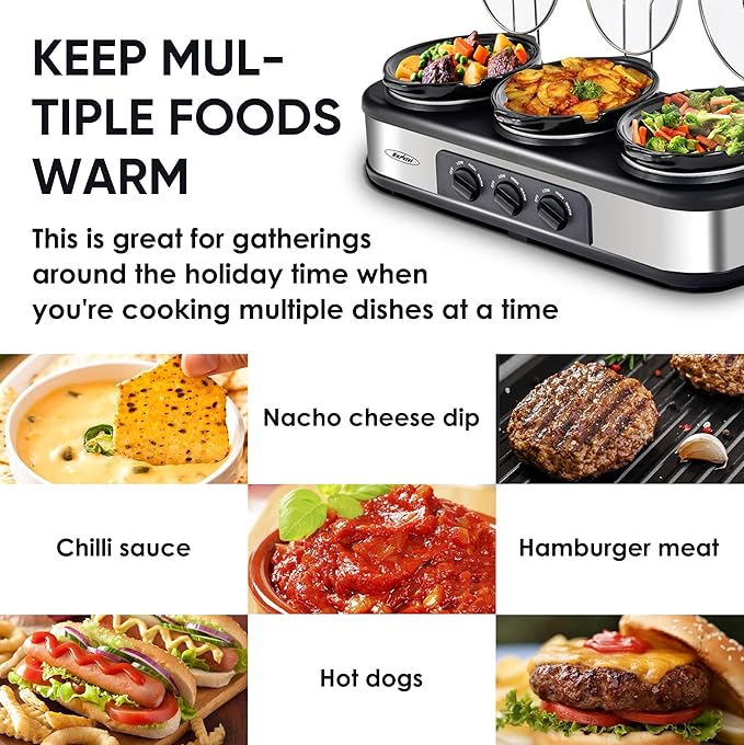 Sunvivi Slow Cooker, Triple Slow Cooker Buffet Server and Food Warmer, 3-Section 1.5-Quart Upgraded Oval Ceramic Pot with Stainless Steel Lid Rests, 3 Spoons, Total 4.5 QT