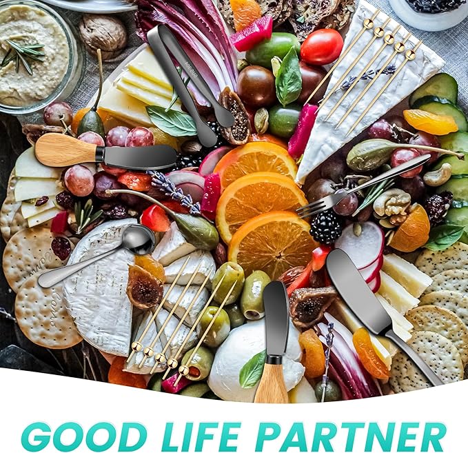Charcuterie Board Accessories With 3 Oz Ceramic Dip Bowls, Wooden Handle Black Cheese Spreader Butter Knive Set Kit, Mini Tongs, Spoons, Forks,Honey Dipper, Cocktail Picks