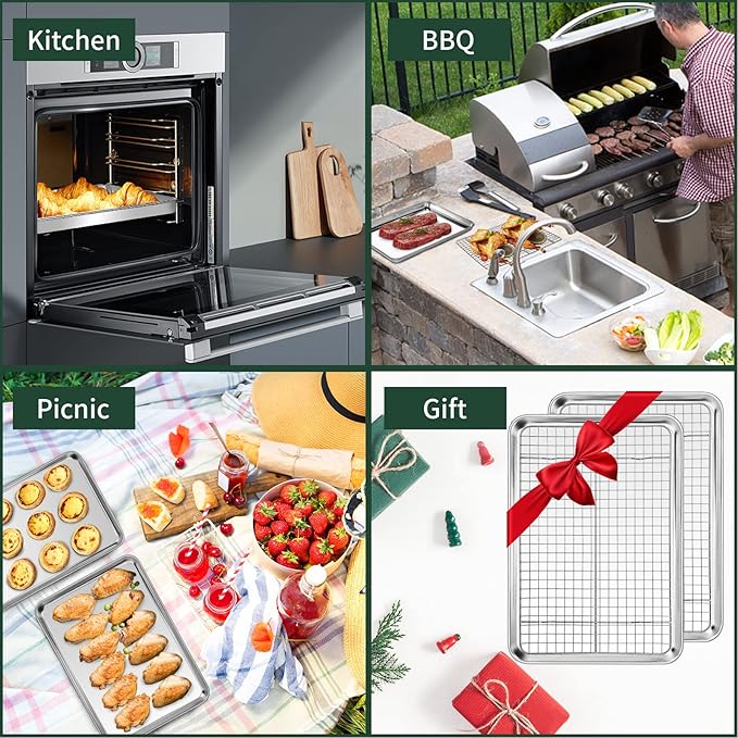 Quarter Sheet Pan with Cooling Rack Set [2 Baking Sheets + 2 Baking Racks], CEKEE Stainless Steel Cookie Sheets for Baking and Wire Rack - Rust & Warp Resistant & Nonstick, Size 12 x 9.8 x 1 Inch