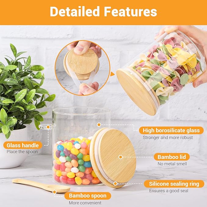 Glass Jars with Bamboo Lids and Spoon - 6 Pack 26 Fl.oz Round Glass Canister with Airtight Lid, Includes Labels and Marker, Flour Sugar Containers Jar for Loose Tea, Cereal, Coffee Bean, Cookie
