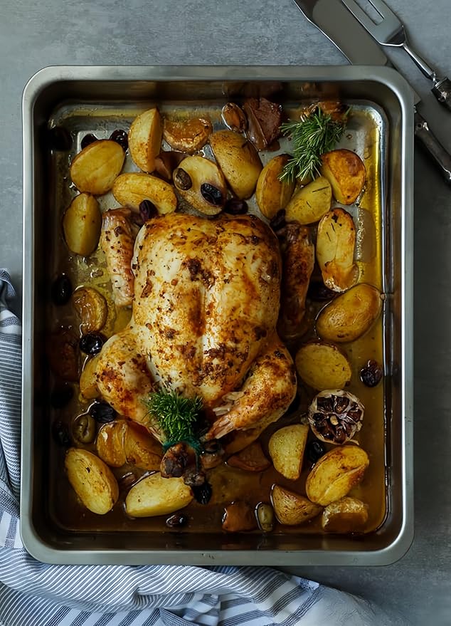 Roasting Pan Heavy Duty Stainless steel Turkey Pans for Oven,Toaster Oven Tray Pans with cooling rack,Hotel Pan, Barbeque Grill Pan,Deep Edge,Mirror treatment, Dishwasher Safe (17.5"x13.6"x2.8")