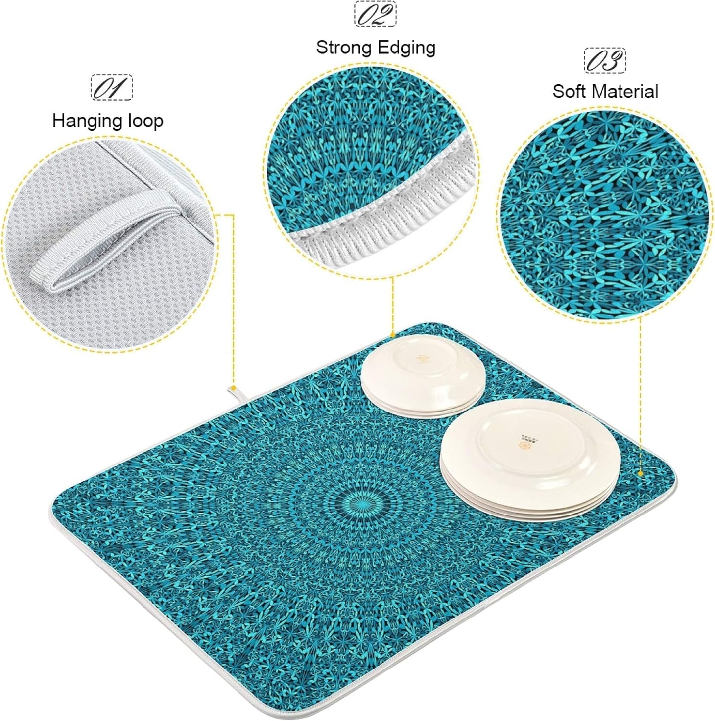 Super Absorbent Dish Drying Mat, Microfiber Fast-Drying Dish Mat, 24" x 18", Kitchen Dish Drying Pad, Mandala Turquoise Teal Blue Green