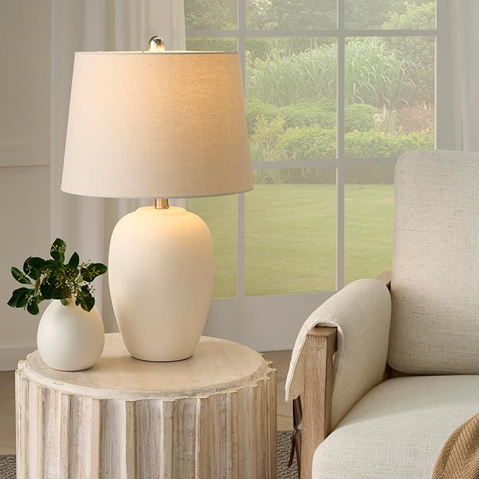 Nourison Home 23" Natural White Ceramic Jar Table Lamp for Bedroom, Living Room, Dining Office, with Off-White Shade