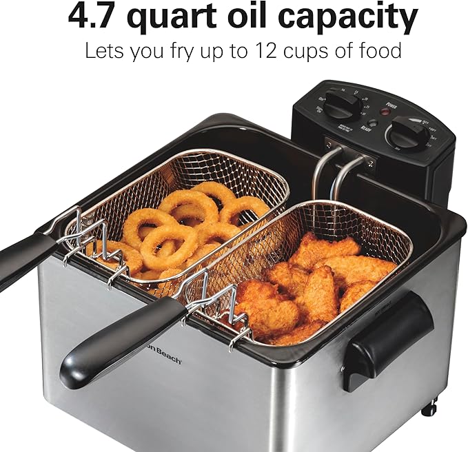 Hamilton Beach Electric Deep Fryer with 2 Baskets and Lid, 4.5 Liters / 19 Cups Oil Capacity, Temperature Control, View Window, Professional Style, 1800 Watts, Stainless Steel (35036)