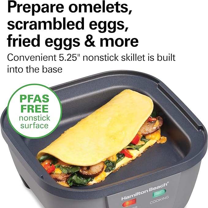 Hamilton Beach 6-in-1 Electric Egg Cooker for Hard Boiled Eggs, Sous Vide Style Egg Bite Maker and Poacher, 5.25” Non-Stick Skillet for Omelets, Scrambling & Frying, Grey (25510)