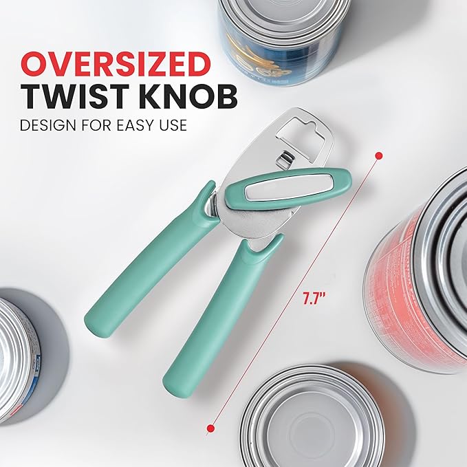 Zulay Kitchen Heavy Duty Stainless Steel Manual Can Opener – Ergonomic Soft Grip Handles, Smooth Edge Cutting Wheel & Large Built In Bottle Opener – Easy Turn Knob for Effortless Use - Mint