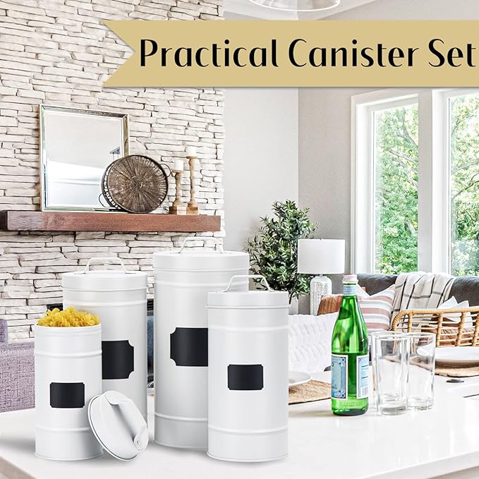 Farmhouse Canister Set for Kitchen Countertop, Airtight Nesting Kitchen Canisters Set of 4, Mental Flour Sugar Coffee Tea Storage Canister Jars, Vintage Country Design, White