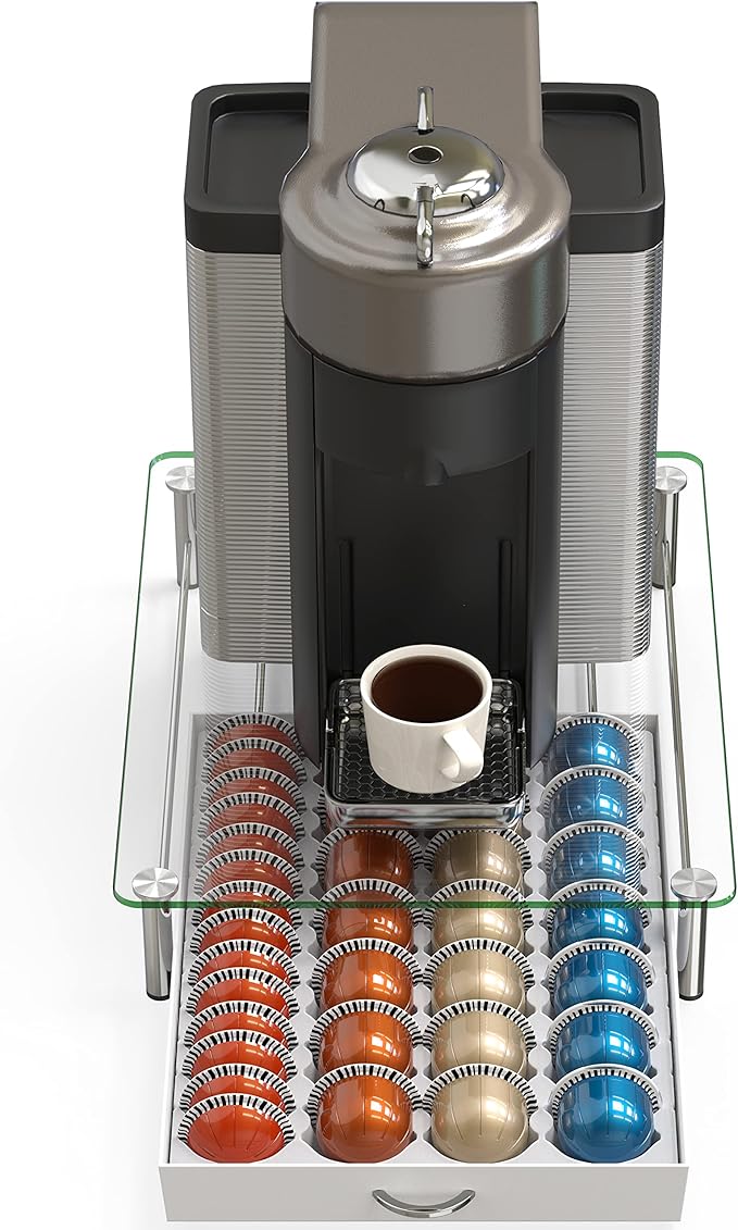 DecoBrothers Crystal Tempered Glass Vertuo Pod Holder Drawer, 28 Large or 56 Small Nespresso Capsule Organizer, White