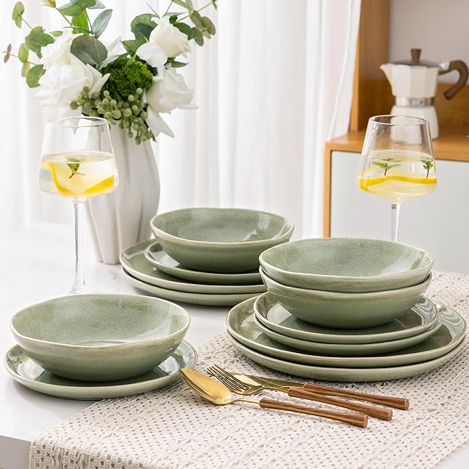 AmorArc Ceramic Dinnerware Sets,Handmade Reactive Glaze Stoneware Plates and Bowls Set,Highly Scratch Resistant | Dishwasher & Microwave Safe Dishes Set,Service for 4 (12pc)