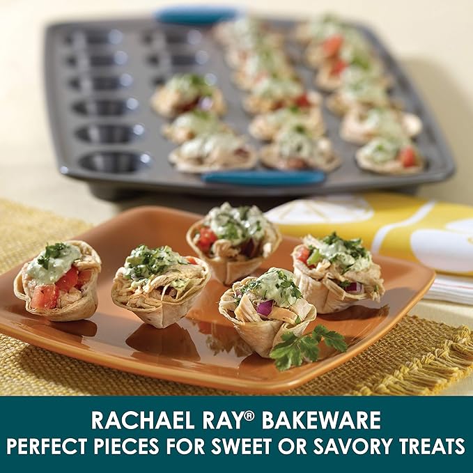 Rachael Ray Yum-o! Nonstick Mini Muffin & Cupcake Tin - 24 Cup, Gray with Marine Blue Grips