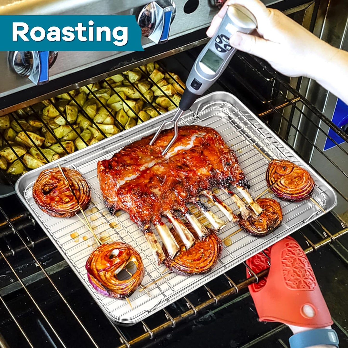 P&P CHEF Baking Cooling Rack Set for Cooking Roasting, 4-Piece Stainless Steel Wire Racks for Oven Use, Healthy & Dishwasher Safe, Rectangle, 16.6 Inch