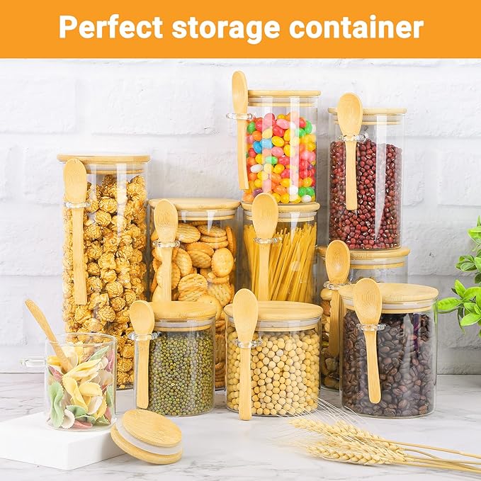 Glass Jar with Bamboo Lids and Spoon - 4 Pack 6 Fl.oz Round Glass Food Storage Jars with Airtight Lid, Includes Labels and Marker, Clear Coffee Sugar Container Set, Loose Tea Canister for Spice