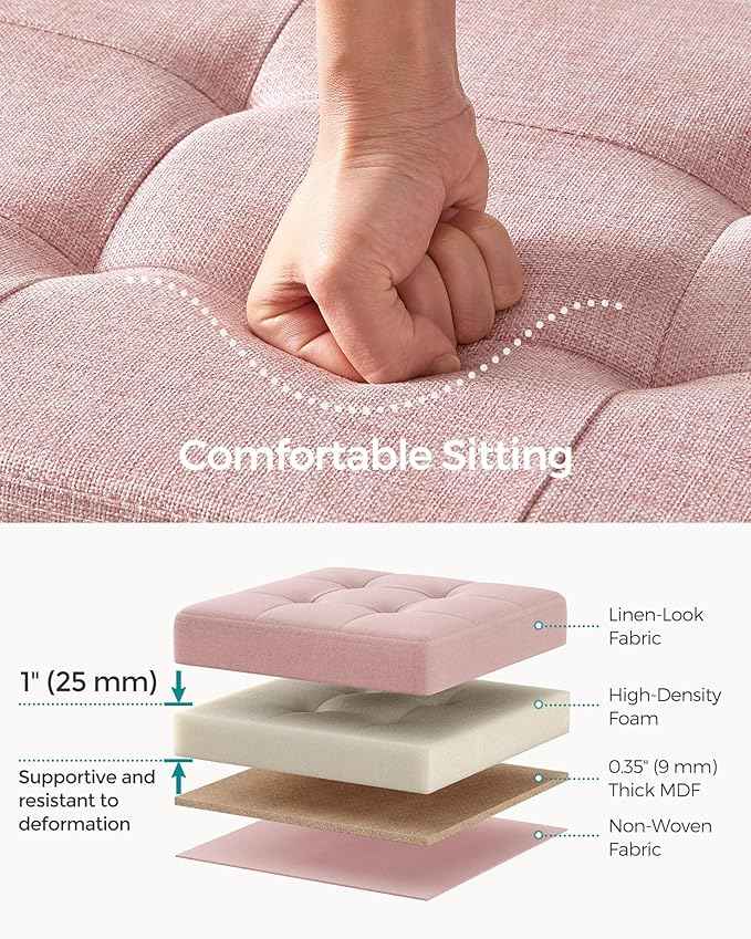 SONGMICS MAZIE Collection - 43 Inches Folding Storage Ottoman Bench, Ottoman Foot Rest, End of Bed Bench, Storage Chest, Load 660 lb, for Living Room, Bedroom, Entryway, Jelly Pink ULSF077R11