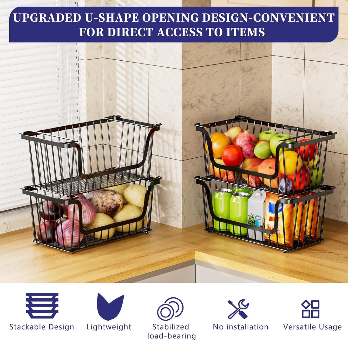 Enhanced Leak-Proof Bottom Stackable Wire Baskets, 5 Pack Pantry Organizers and Storage, pantry storage，Shelf Baskets, Fruit Basket, Potato and Onion Storage Bins，(Black)