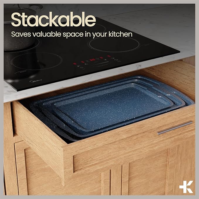 Blue Marble 10-Piece Bakeware Sets, Nonstick Carbon Steel Baking Sheet & Pans, Stackable Space-Saving Bakeware, Dishwasher Safe, Stain-resistant, PFOAPFOSPTFE Free, Oven Safe Up To 450°F (230°C)
