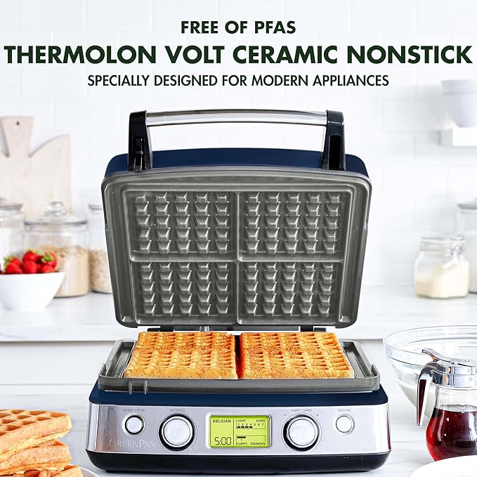 GreenPan Elite 4-Square Belgian & Classic Waffle Maker,Healthy Ceramic Nonstick Dishwasher Safe Plates, Adjustable Shade/Crunch Control, Wont Overflow, Easy Cleanup Breakfast, PFAS-Free, White