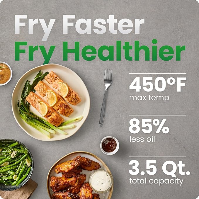 Chefman Air Fryer – 4-in-1 Slim 3.5 QT Airfryer, Air Fry, Bake, Dehydrate, Frozen, 450°F Max Temp for Extra Crispy Results in Minutes, Nonstick Ceramic Coating, Dishwasher-Safe Accessories - Green