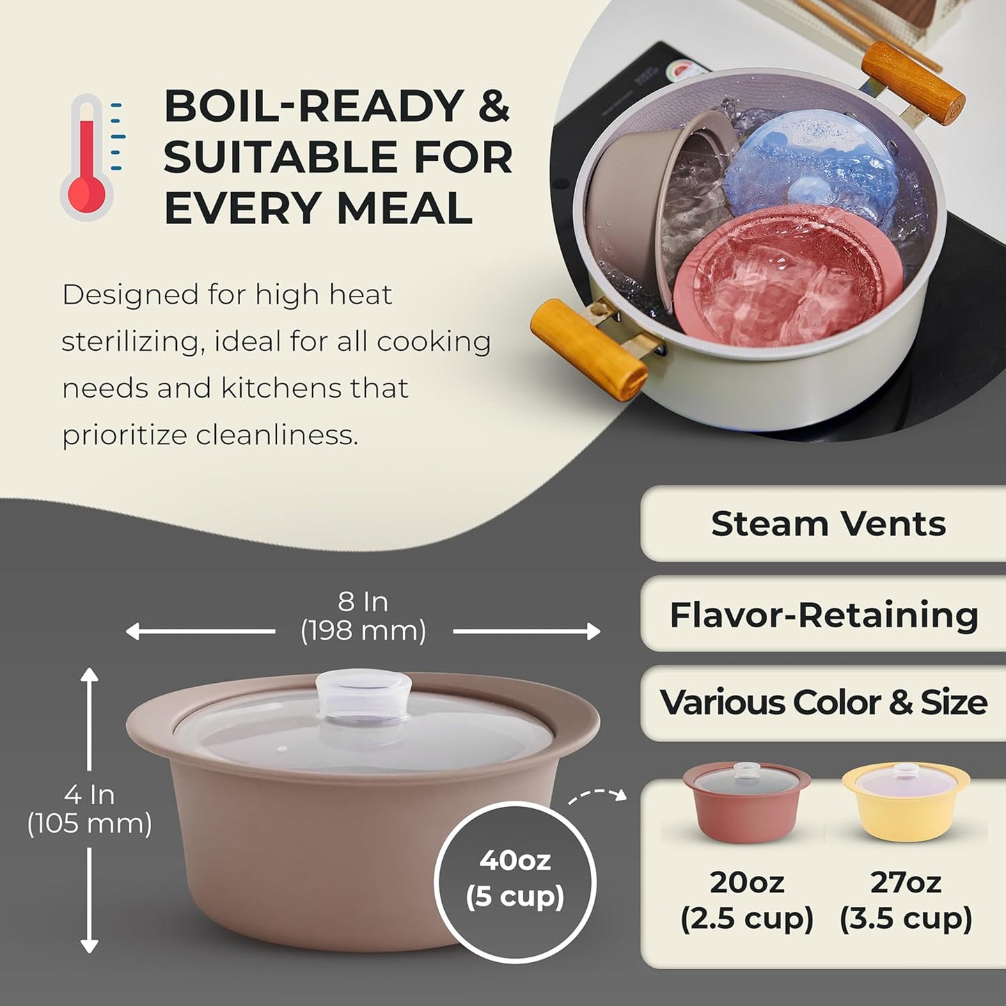 40oz Platinum Silicone Microwave Steamer Pot with Handle & Lid - Korea 100% Food-Grade Steamer Bowl, Heat-Resistant Cooker with Steam Holes, Easy Clean, Dishwasher Safe, Taupe Brown