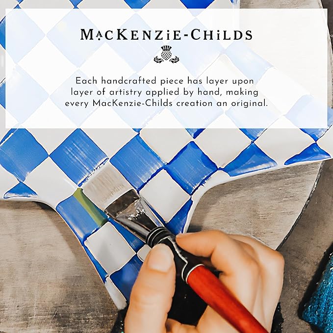 MACKENZIE-CHILDS Enamel Salad Serving Set, Enamel Bowl and Wooden Salad Servers, Decorative Kitchen Set, Blue-and-White Royal Check