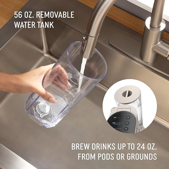 Ninja Pod & Grounds Specialty Single-Serve Coffee Maker, K-Cup Pod Compatible, Brews Grounds, Compact Design, Built-In Milk Frother, 56-oz. Reservoir, 6-oz. Cup to 24-oz. Mug Sizes, Stone, PB051ST