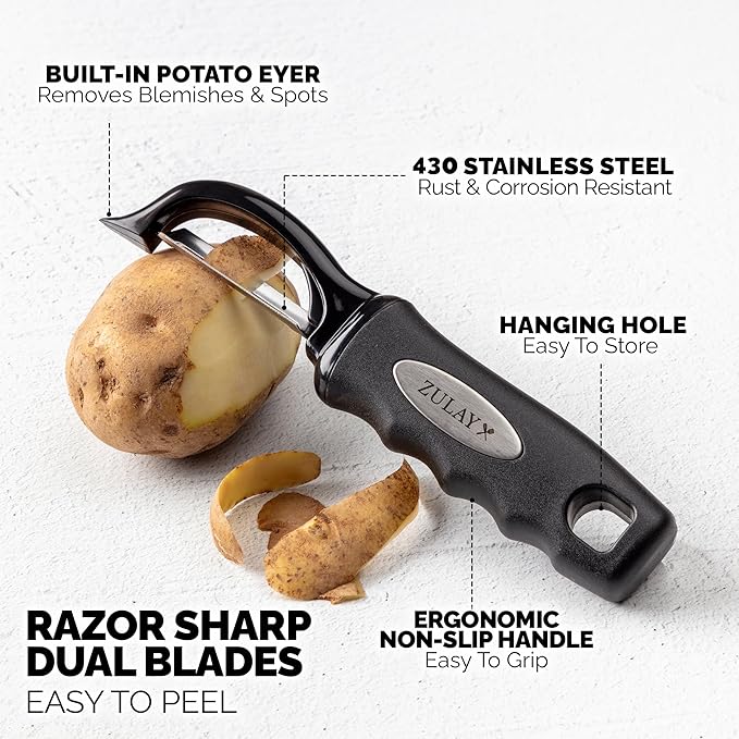 Zulay Kitchen Premium Vegetable Peeler for Kitchen - Swivel Peeler with Razor Sharp Stainless Steel Blades & Strong Ergonomic Handle - Dishwasher Safe, Easy To Use with Blemish Remover - Black