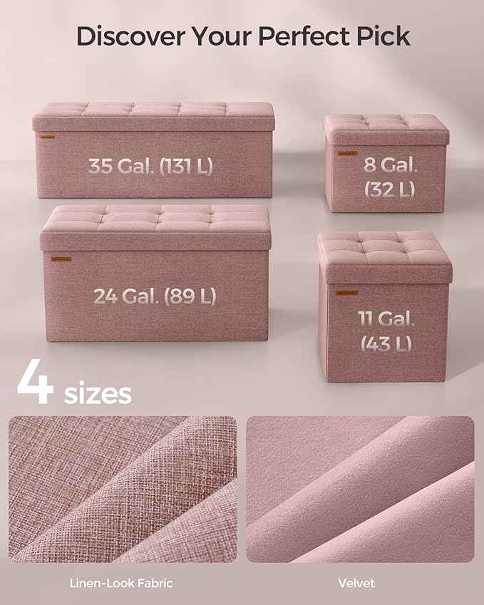 SONGMICS Mazie Collection - 30 Inches Folding Storage Ottoman Bench, Ottoman Foot Rest, End of Bed Bench, Storage Chest, Load 660 lb, for Living Room, Bedroom, Entryway, Jelly Pink ULSF047R11
