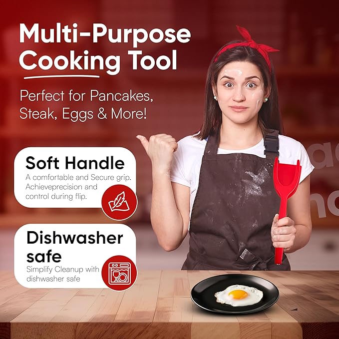 Egg Flipper Spatula Tongs (Set of 2) – Non-Stick 2-in-1 Grip & Flip Kitchen Tongs for Pancakes, Fish, Eggs, and More – Heat Resistant Cooking Tool (Black + Red)