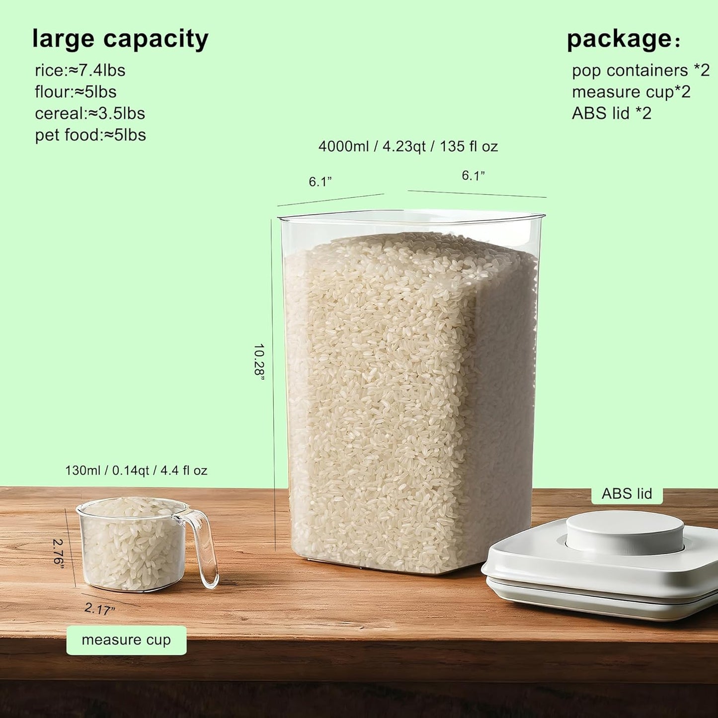 Pop Containers with Lids - Stackable Airtight Food Storage, Kitchen Pantry Storage Containers for Snacks Candy Salt Herbs Spices BPA-Free (4000ml / 4.2qt *2)