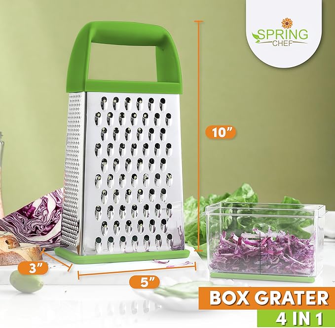 Spring Chef Professional Green 10" Parmesan Cheese Grater With Container, Stainless Steel Food Grater for Kitchen with Handle, 4 Sided Carrot Shredder, Handheld Vegetable & Cabbage Shredder