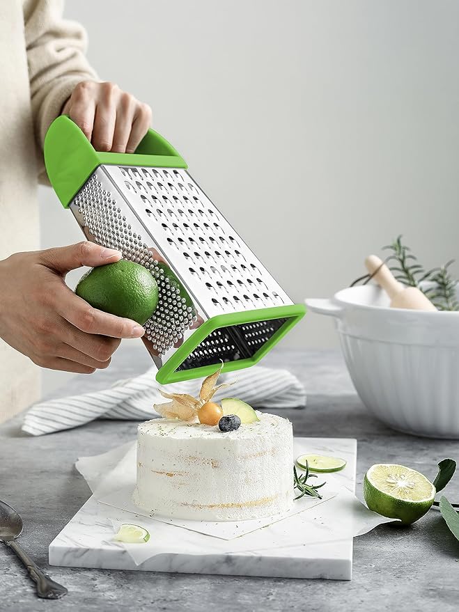 Spring Chef Professional Green 10" Stainless Steel Parmesan Cheese Grater with Handle, 4 Sided Handheld Box Grater, Kitchen Carrot Shredder for Potato, Cheese, Ginger, Vegetables