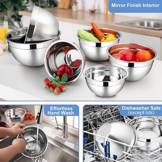 LIANYU Stainless Steel Mixing Bowls with Lids Set, Kitchen Nesting Metal Bowl Set of 6, Ideal for Salad Baking Cooking Serving Food Storage, Size 7, 3.5, 2.5, 2, 1.5, 1QT, Dishwasher Safe, Black